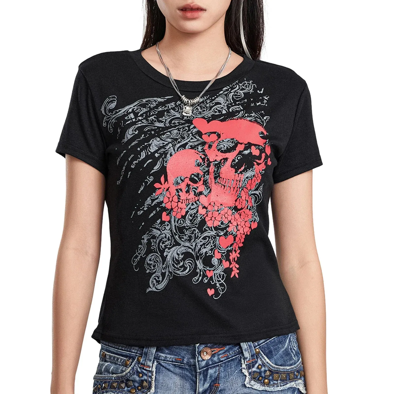 Gothic Short Sleeve Crew Neck Crop Skull Floral Print Y2K T-shirt