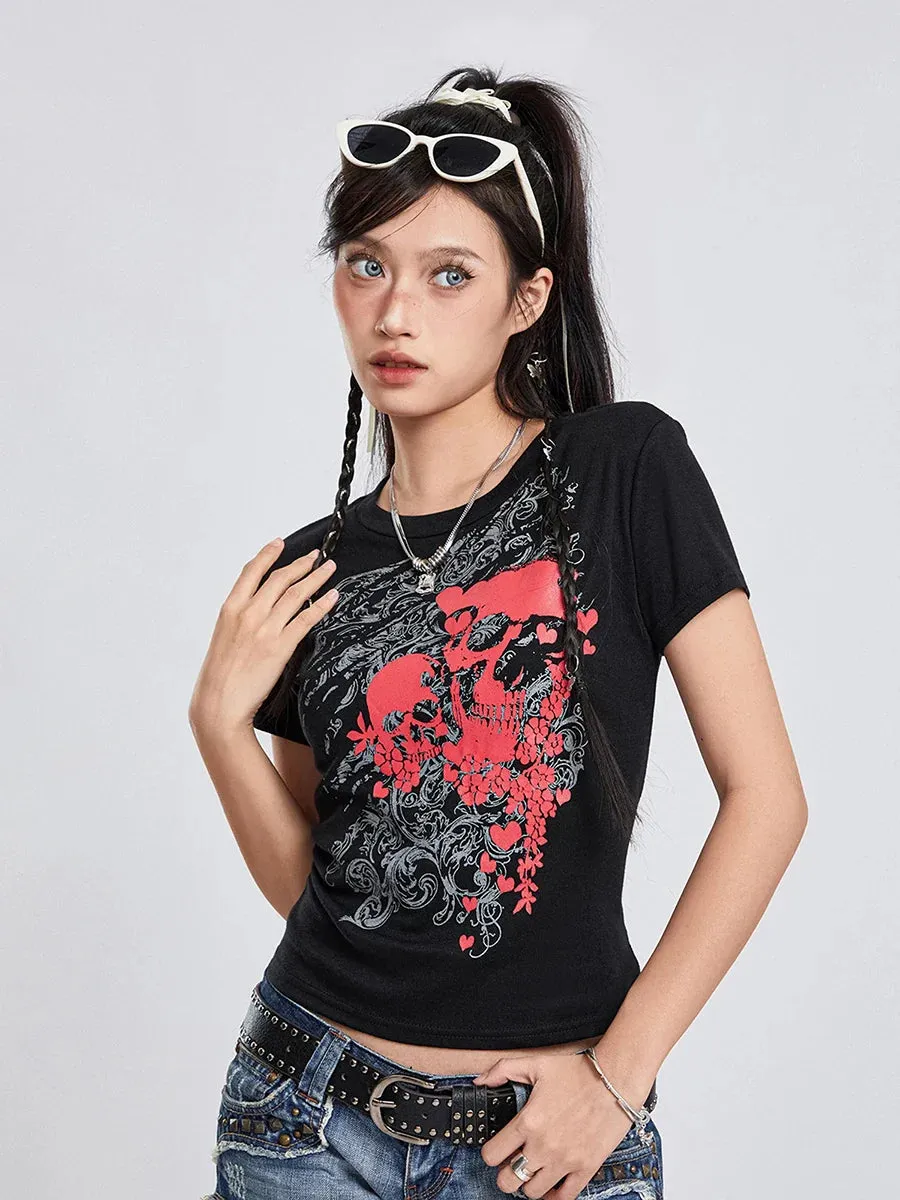 Gothic Short Sleeve Crew Neck Crop Skull Floral Print Y2K T-shirt