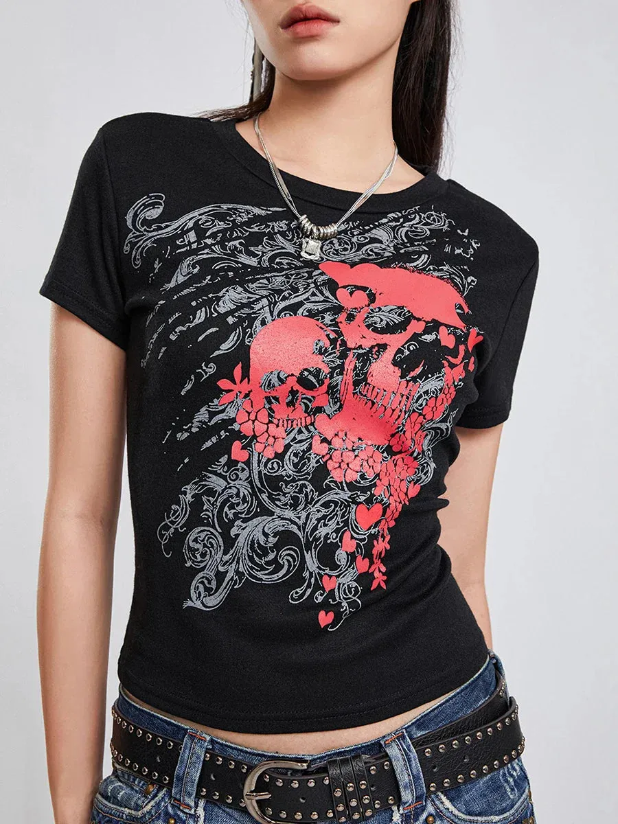 Gothic Short Sleeve Crew Neck Crop Skull Floral Print Y2K T-shirt