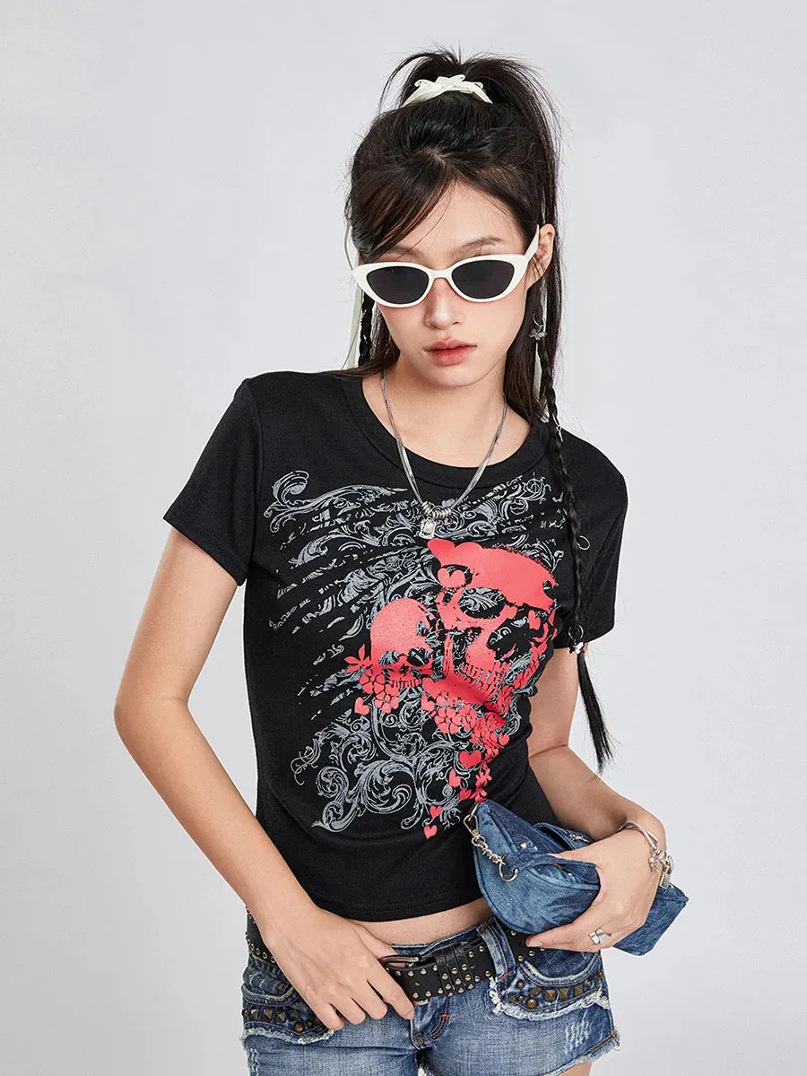 Gothic Short Sleeve Crew Neck Crop Skull Floral Print Y2K T-shirt