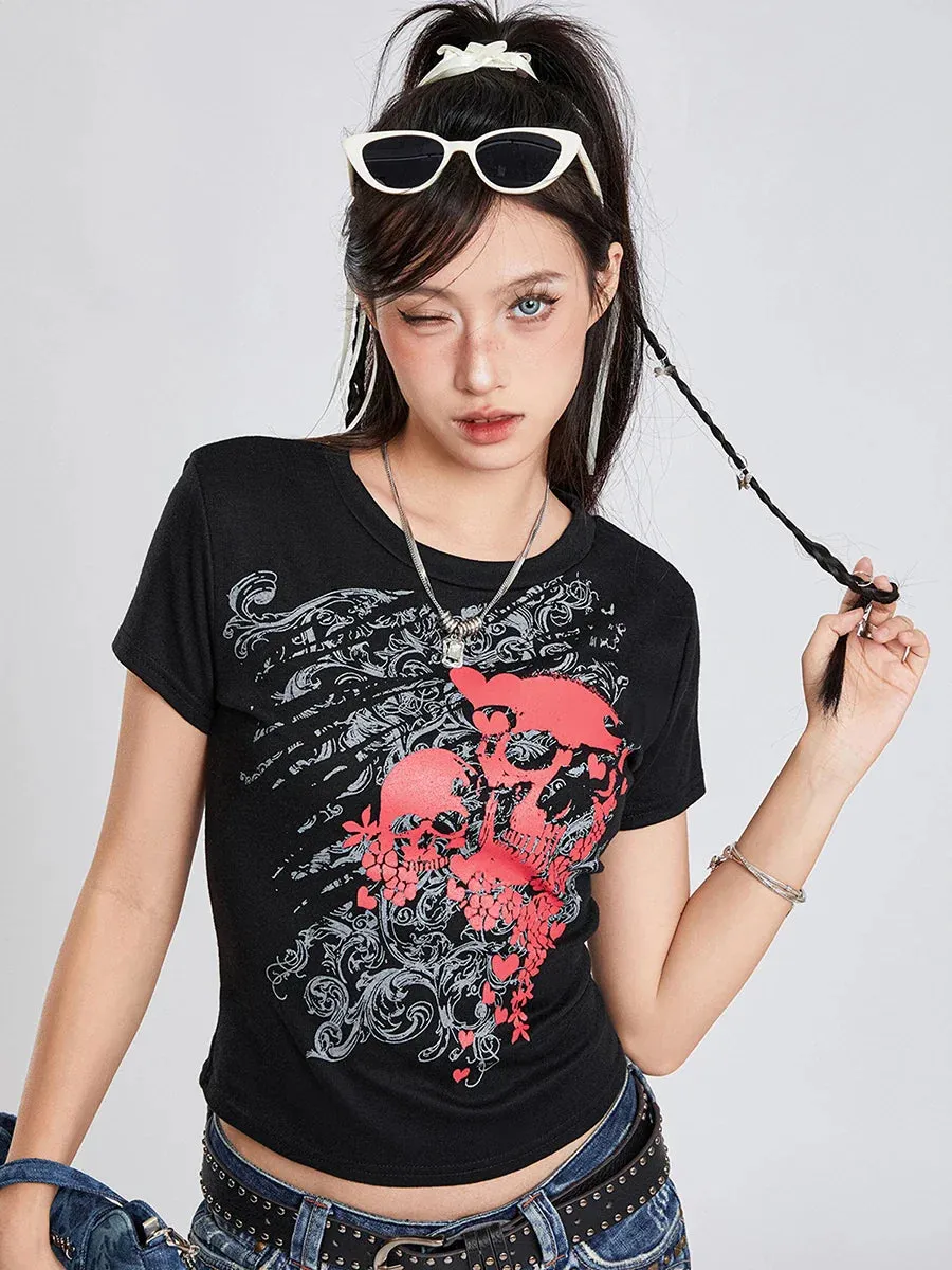 Gothic Short Sleeve Crew Neck Crop Skull Floral Print Y2K T-shirt