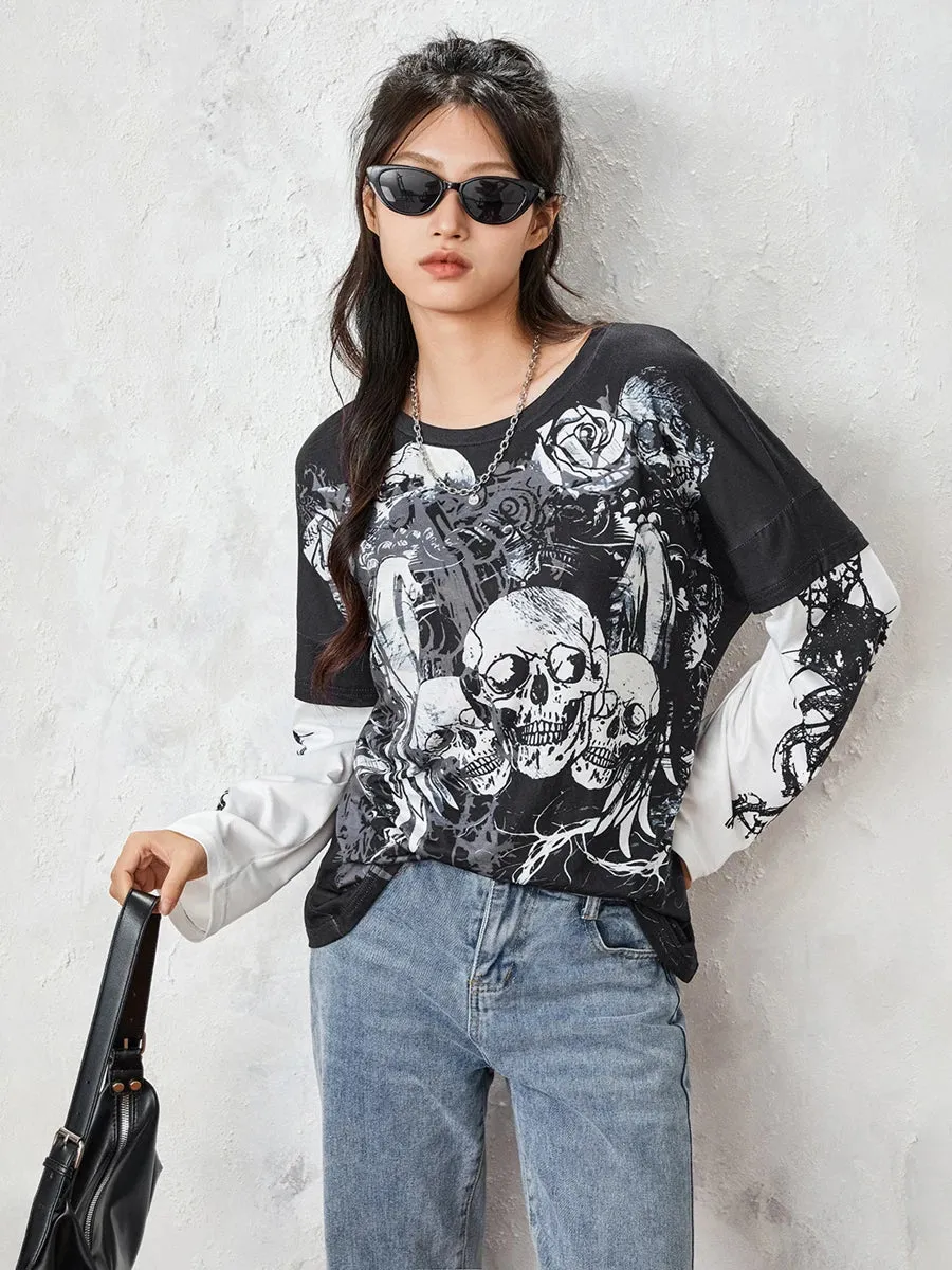 Graphic Grunge Y2K Gothic Long Sleeve Fake-Two Vintage T-shirt