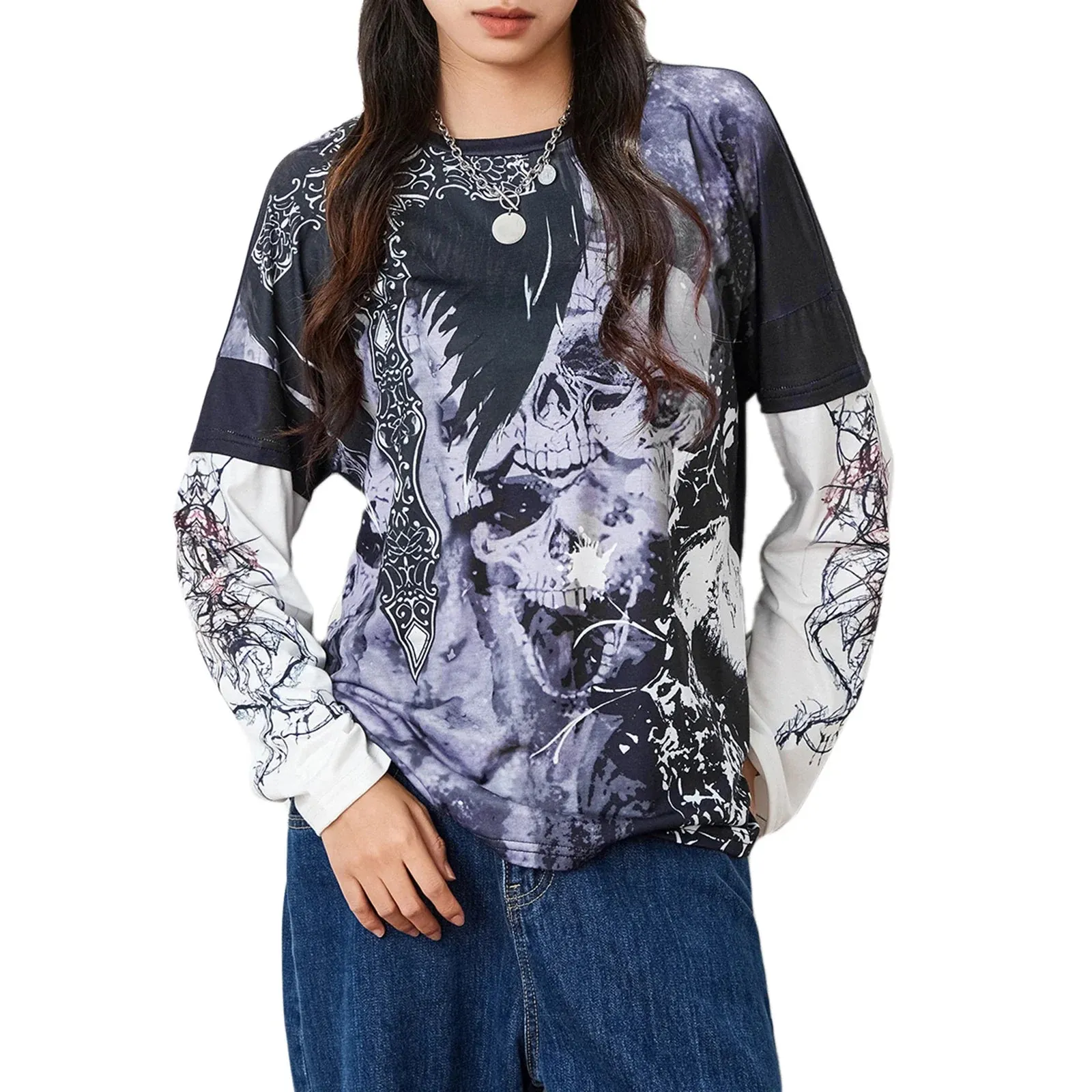 Graphic Grunge Y2K Gothic Long Sleeve Fake-Two Vintage T-shirt