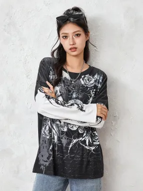 Graphic Grunge Y2K Gothic Long Sleeve Fake-Two Vintage T-shirt