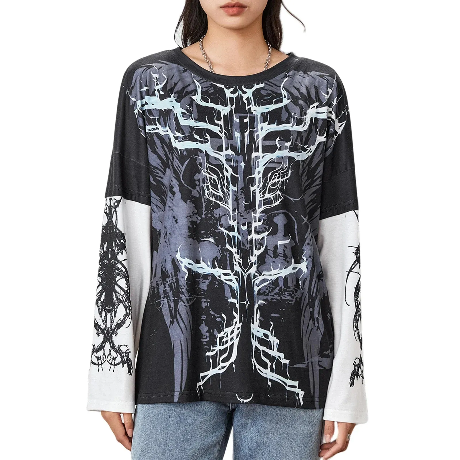 Graphic Grunge Y2K Gothic Long Sleeve Fake-Two Vintage T-shirt