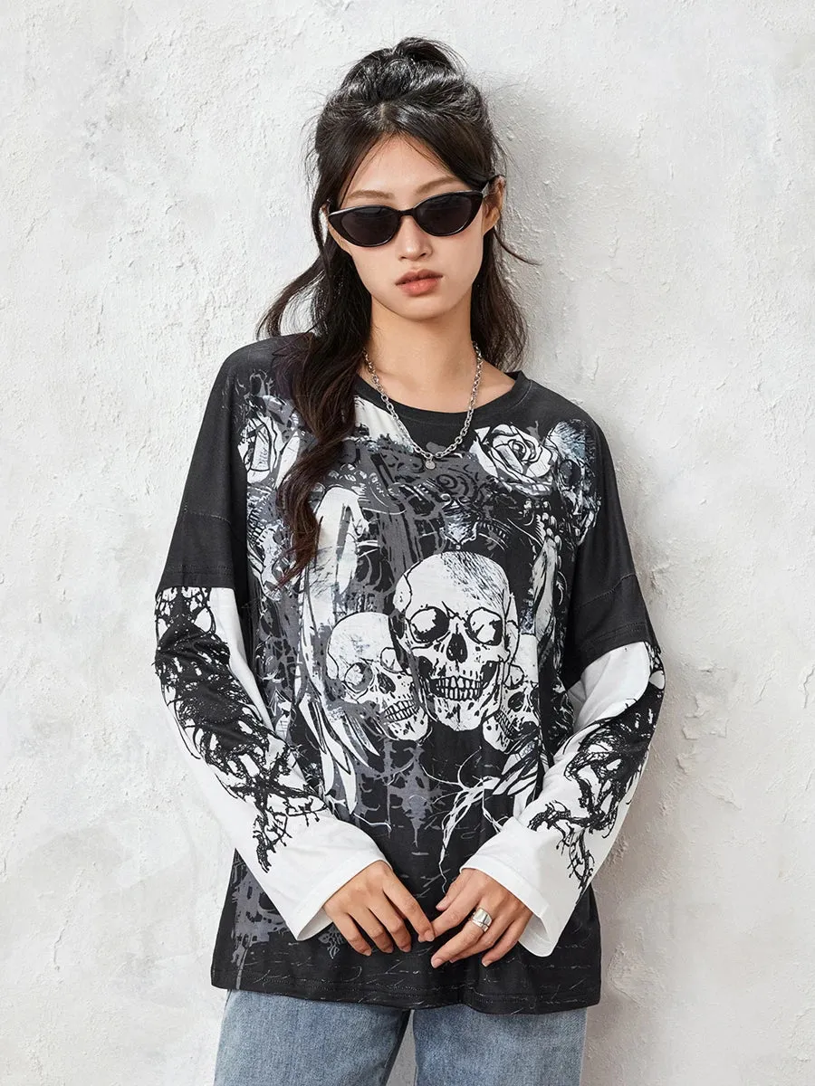 Graphic Grunge Y2K Gothic Long Sleeve Fake-Two Vintage T-shirt