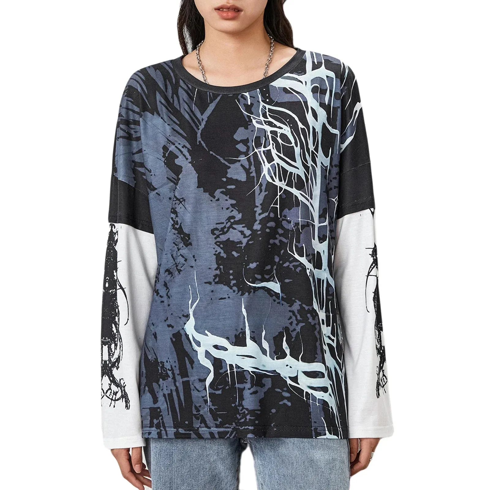 Graphic Grunge Y2K Gothic Long Sleeve Fake-Two Vintage T-shirt