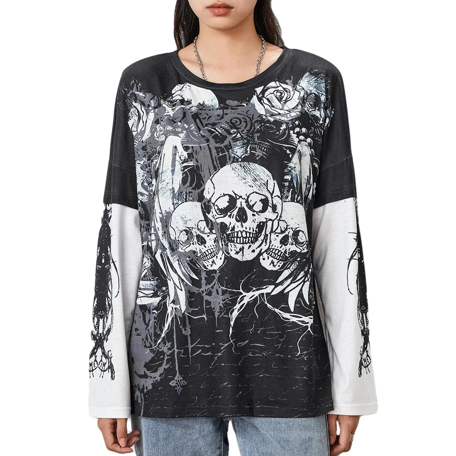 Graphic Grunge Y2K Gothic Long Sleeve Fake-Two Vintage T-shirt