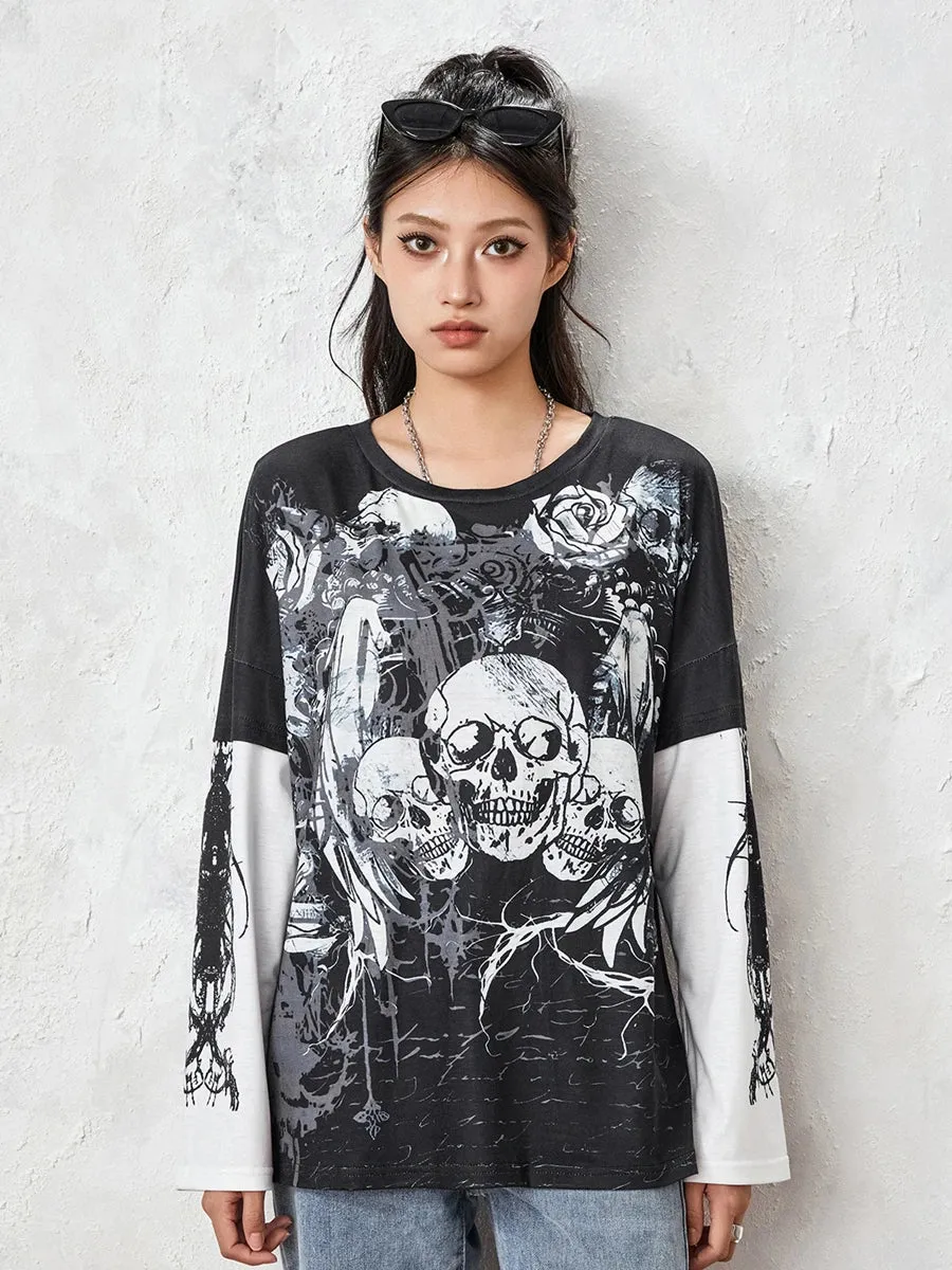 Graphic Grunge Y2K Gothic Long Sleeve Fake-Two Vintage T-shirt