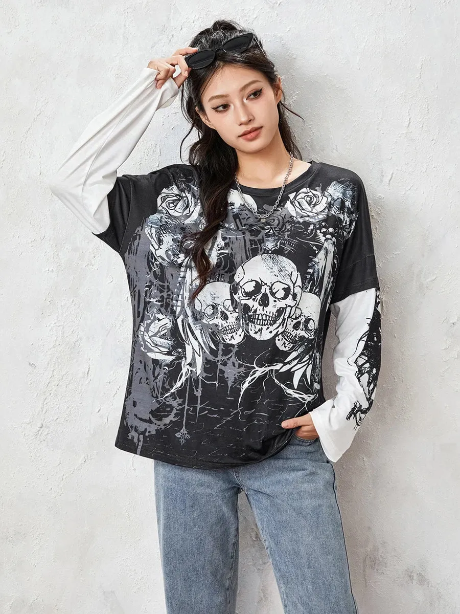 Graphic Grunge Y2K Gothic Long Sleeve Fake-Two Vintage T-shirt