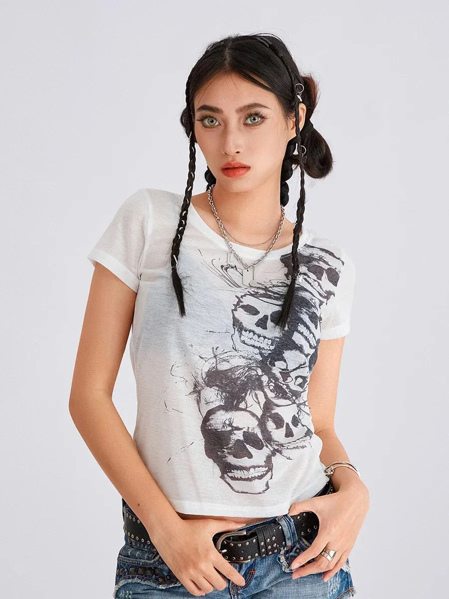 Grunge Y2K Vintage V Neck Skull Graphic Short Sleeve Fairy T-shirt