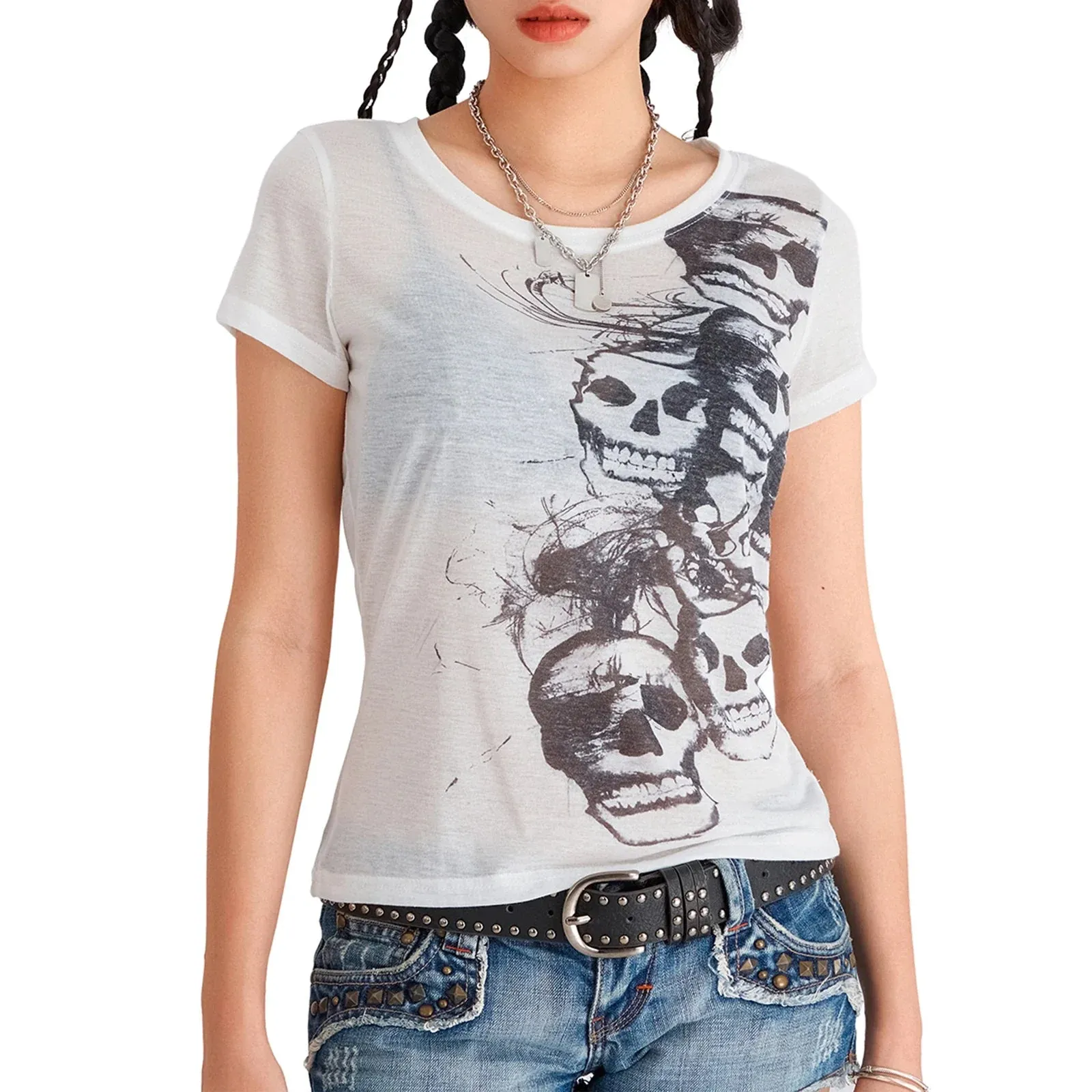 Grunge Y2K Vintage V Neck Skull Graphic Short Sleeve Fairy T-shirt