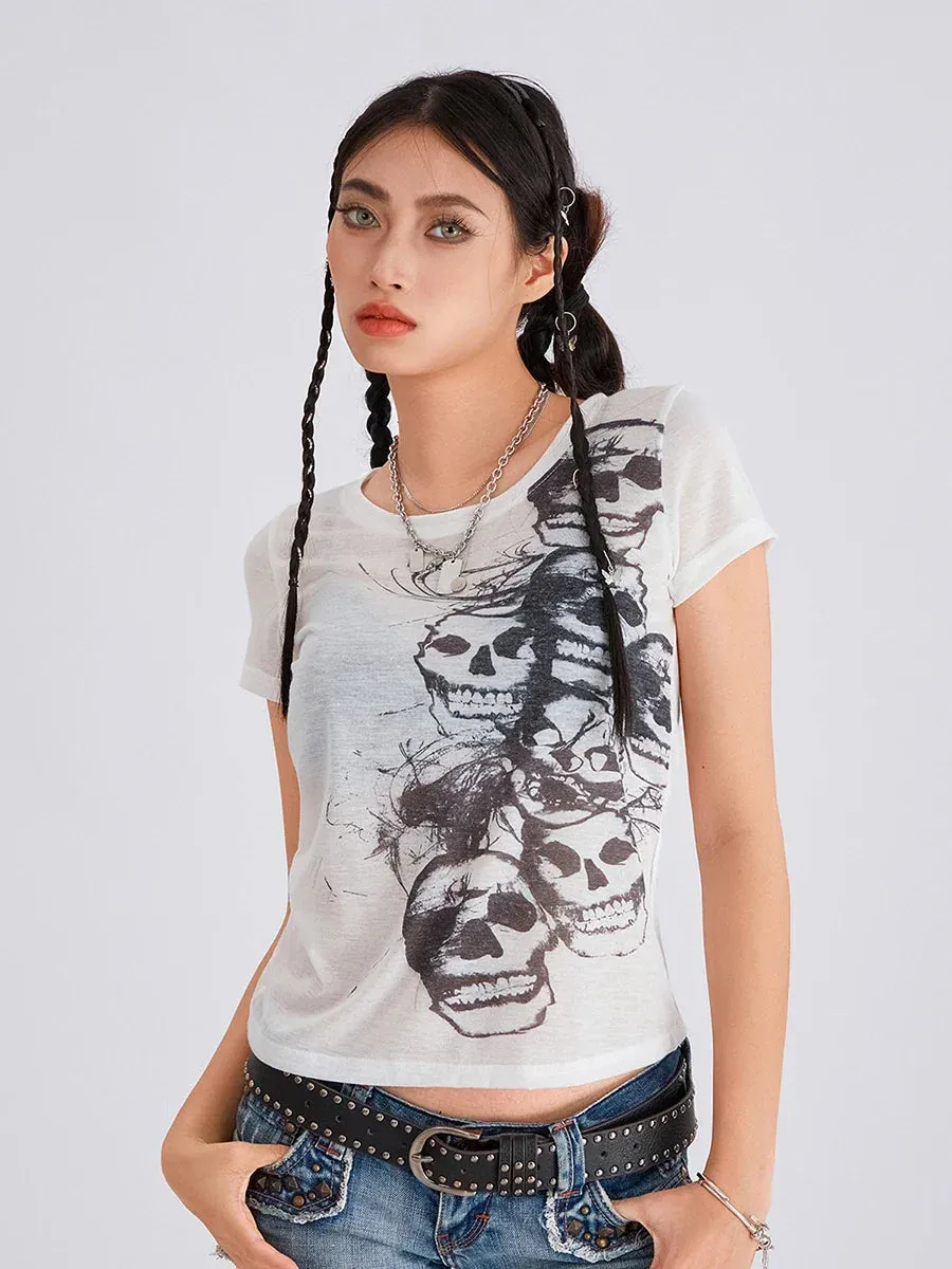 Grunge Y2K Vintage V Neck Skull Graphic Short Sleeve Fairy T-shirt