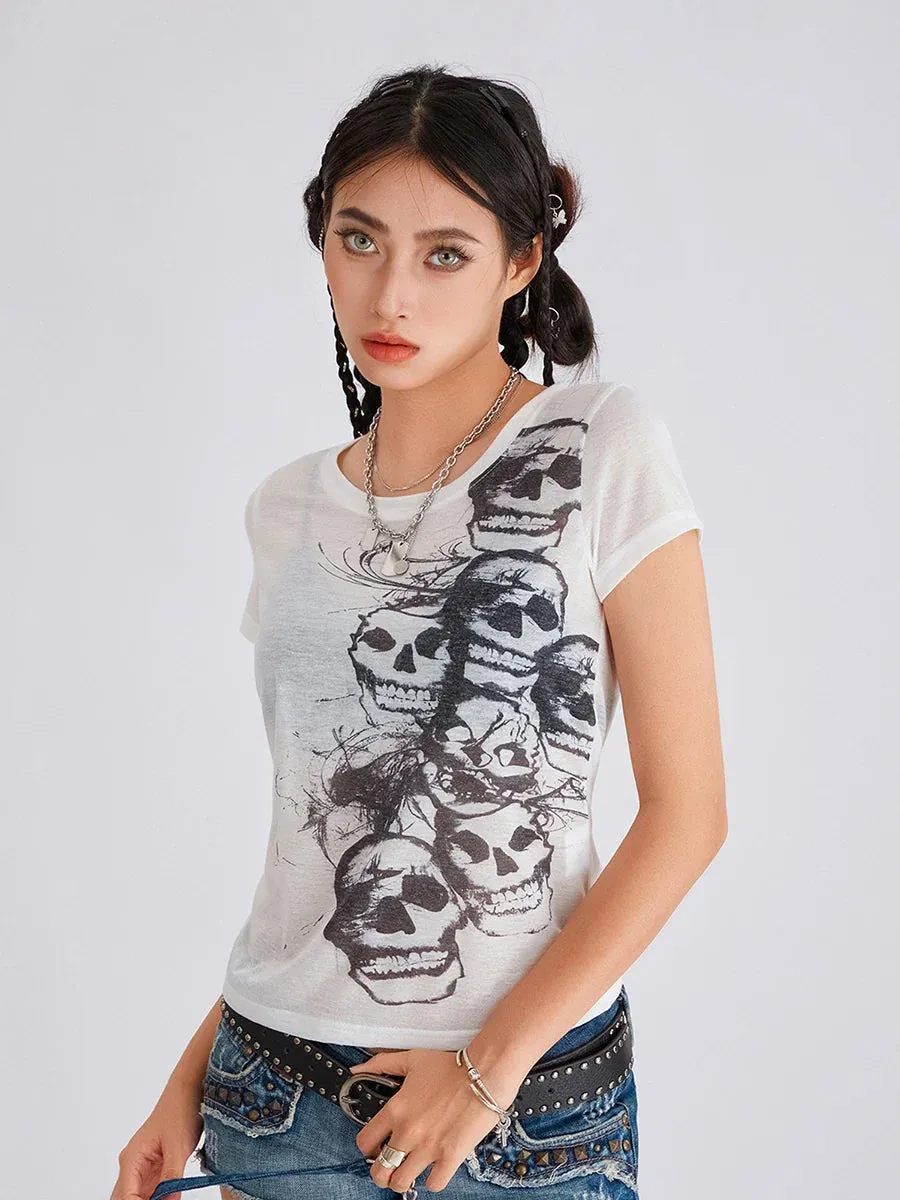 Grunge Y2K Vintage V Neck Skull Graphic Short Sleeve Fairy T-shirt