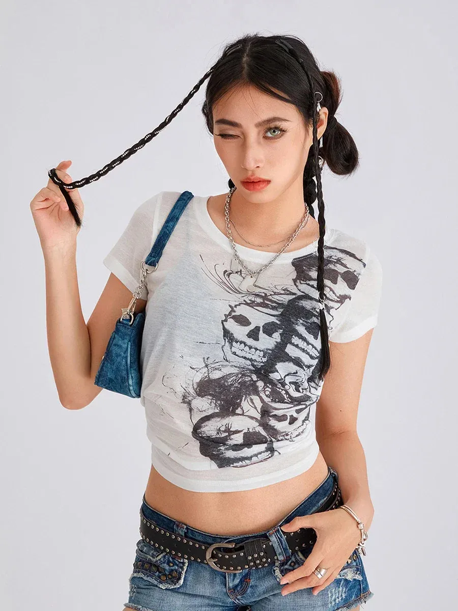 Grunge Y2K Vintage V Neck Skull Graphic Short Sleeve Fairy T-shirt