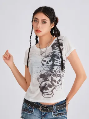 Grunge Y2K Vintage V Neck Skull Graphic Short Sleeve Fairy T-shirt