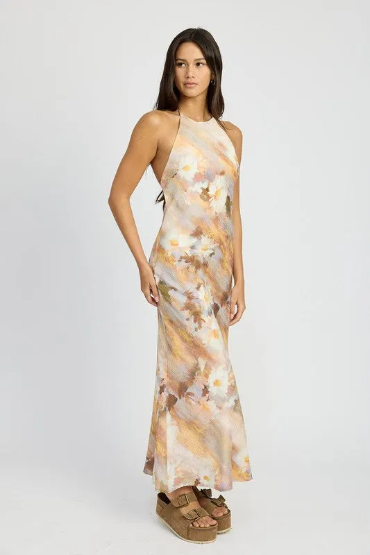 HALTER NECK FLORAL MAXI DRESS KESLEY BACKLESS TIE DYE LONG SUMMER DRESS