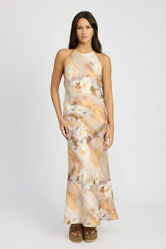 HALTER NECK FLORAL MAXI DRESS KESLEY BACKLESS TIE DYE LONG SUMMER DRESS