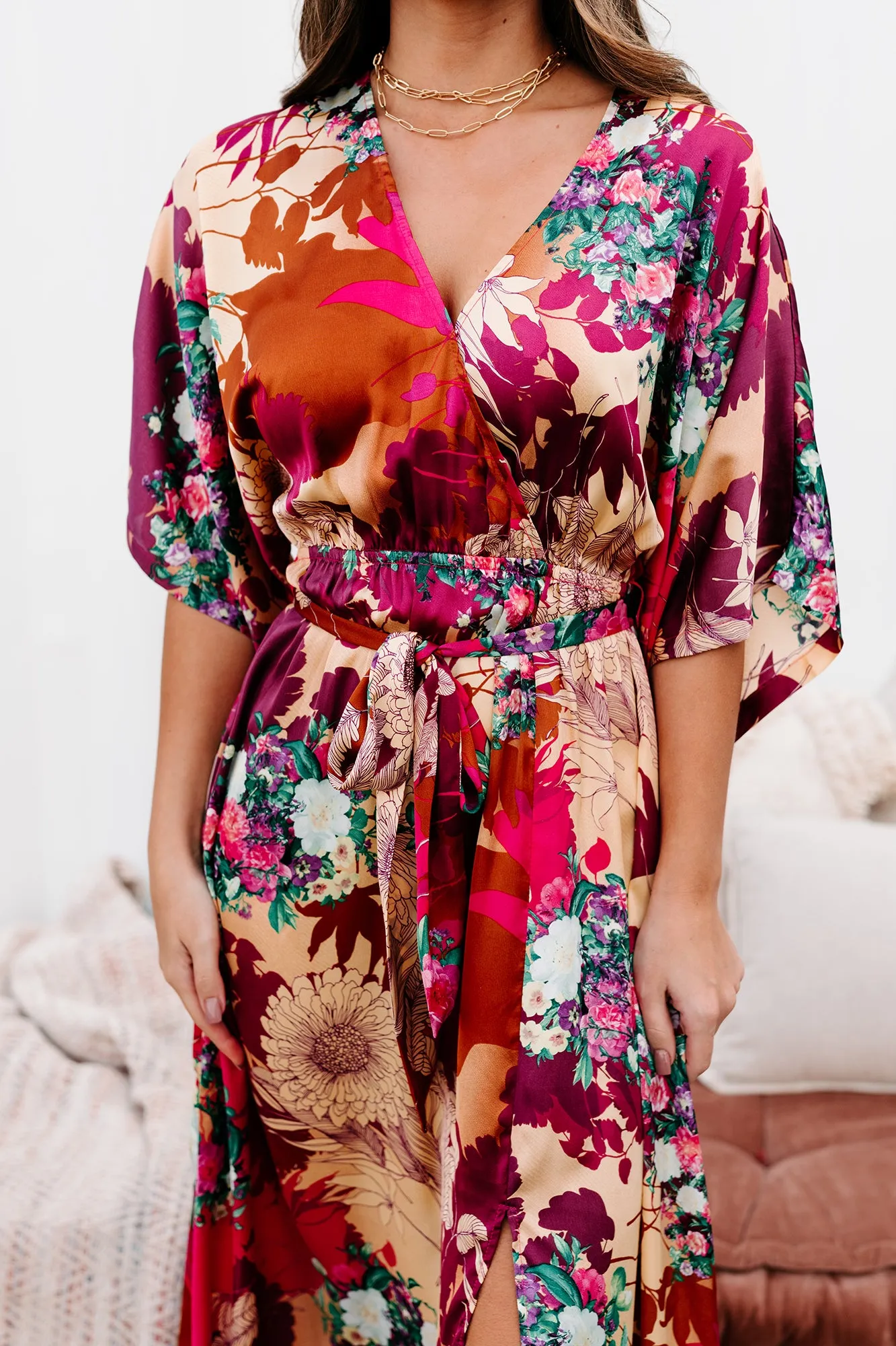 Idyllic Evenings Belted Kimono Maxi Dress (Passion/Burgundy/Rust)