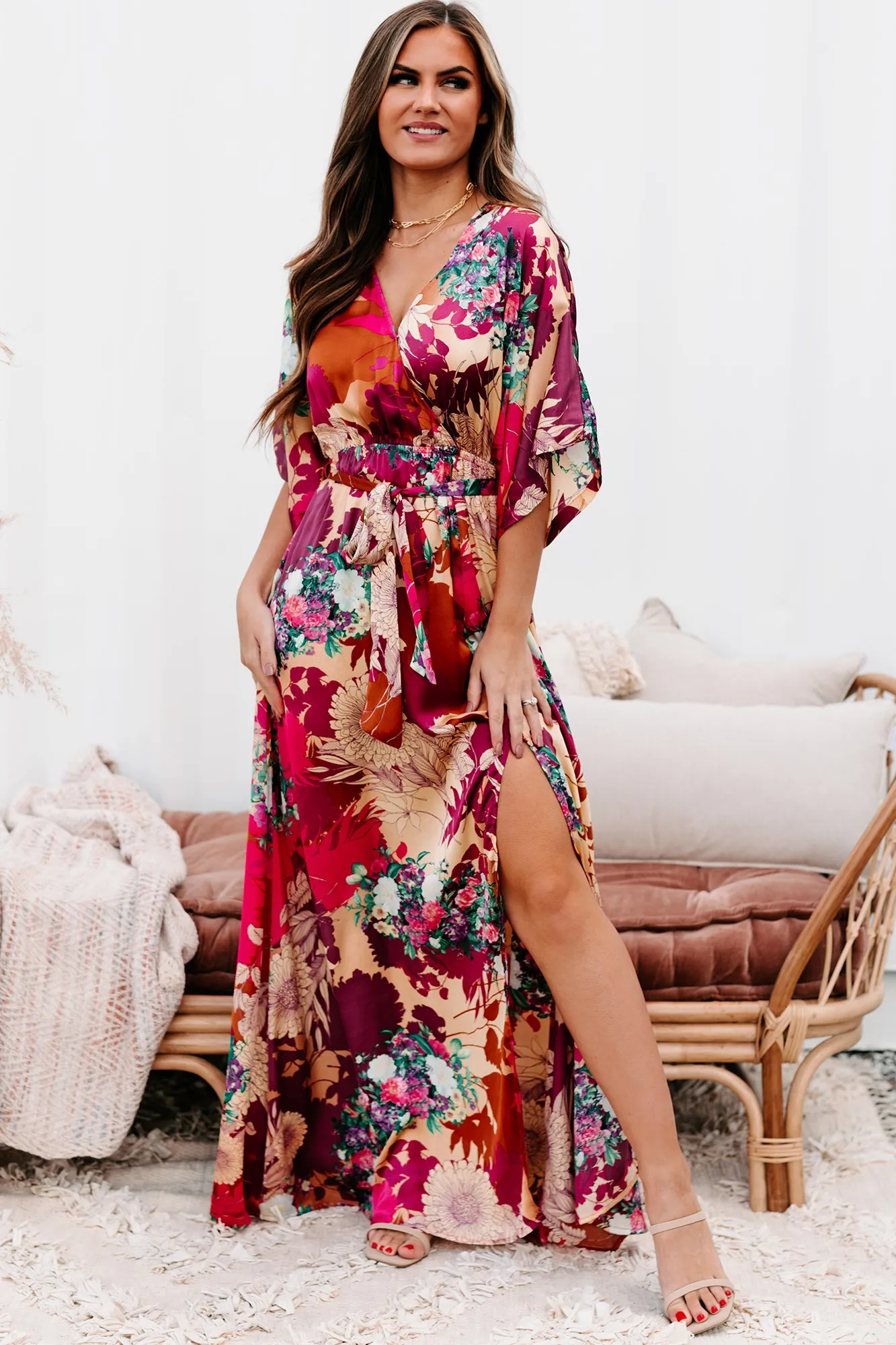 Idyllic Evenings Belted Kimono Maxi Dress (Passion/Burgundy/Rust)