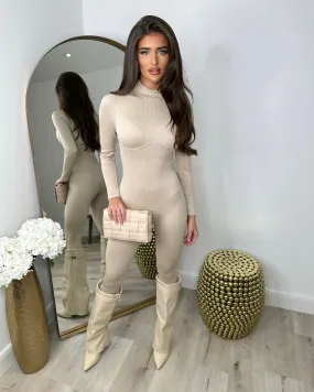 Indie Ribbed Contour Jumpsuit- Beige