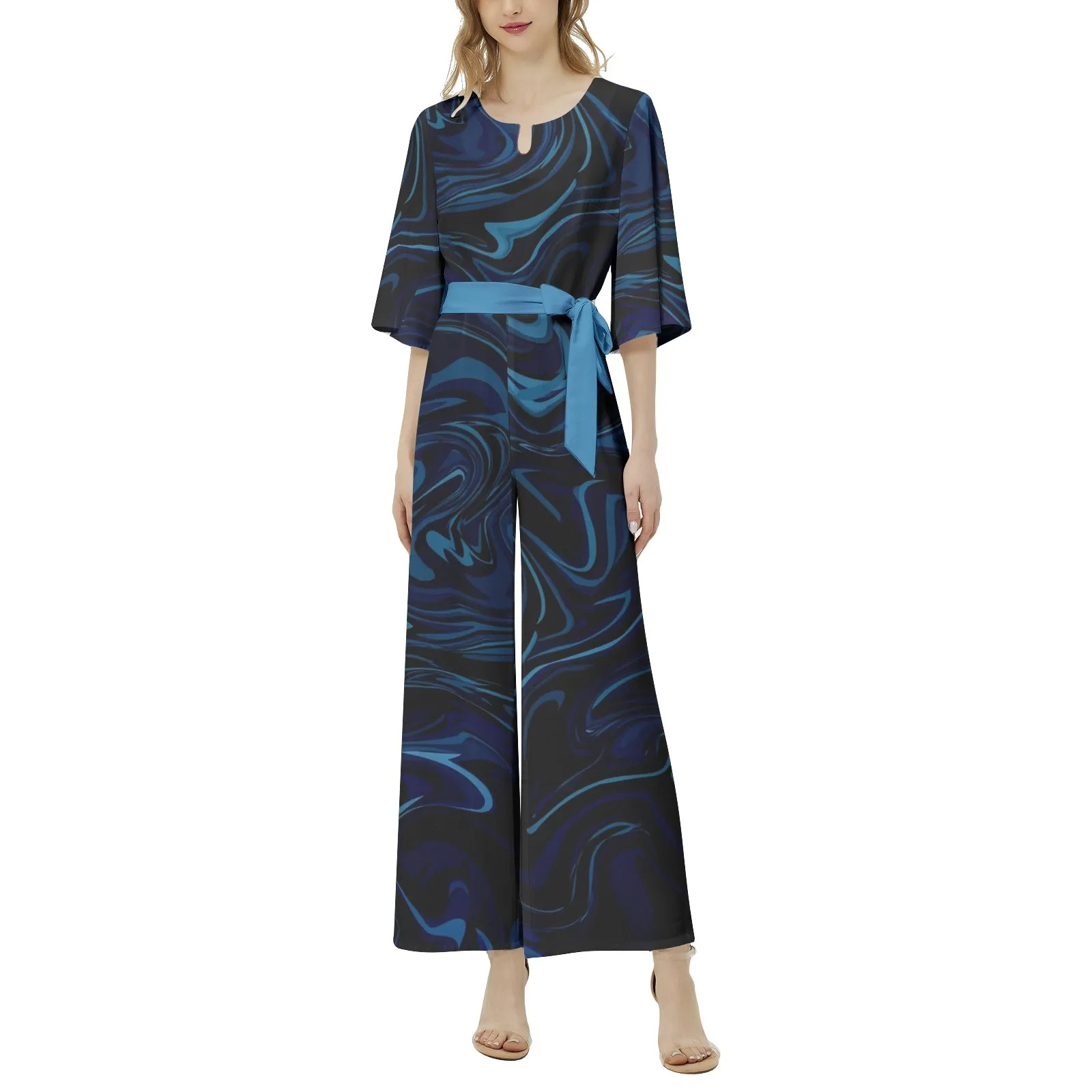 Ink Pool Dolman Sleeve Belted Wide Leg Jumpsuit