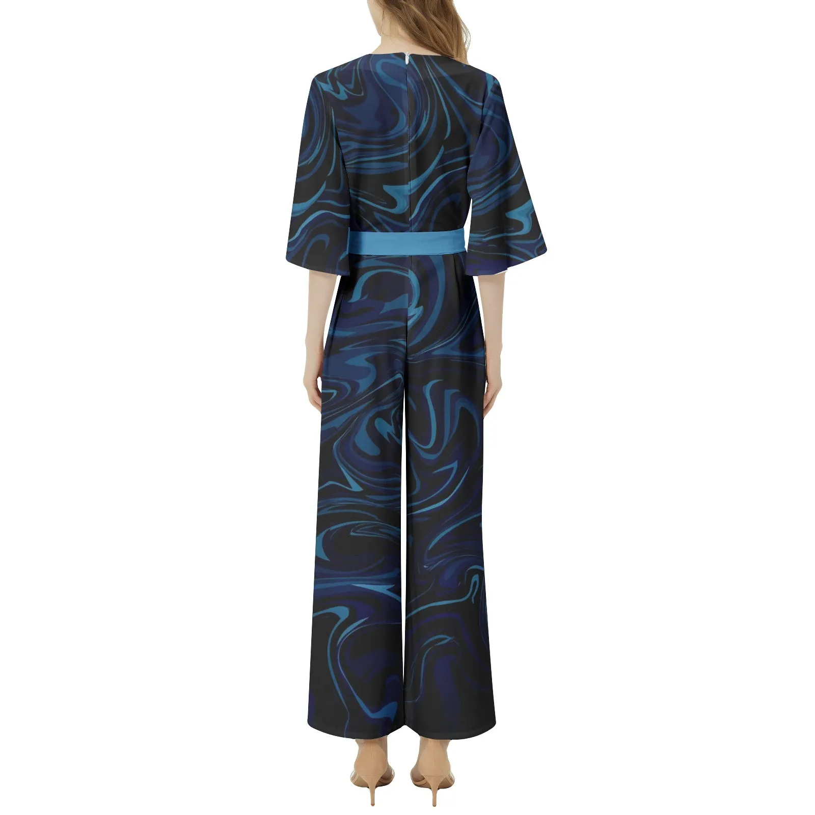 Ink Pool Dolman Sleeve Belted Wide Leg Jumpsuit