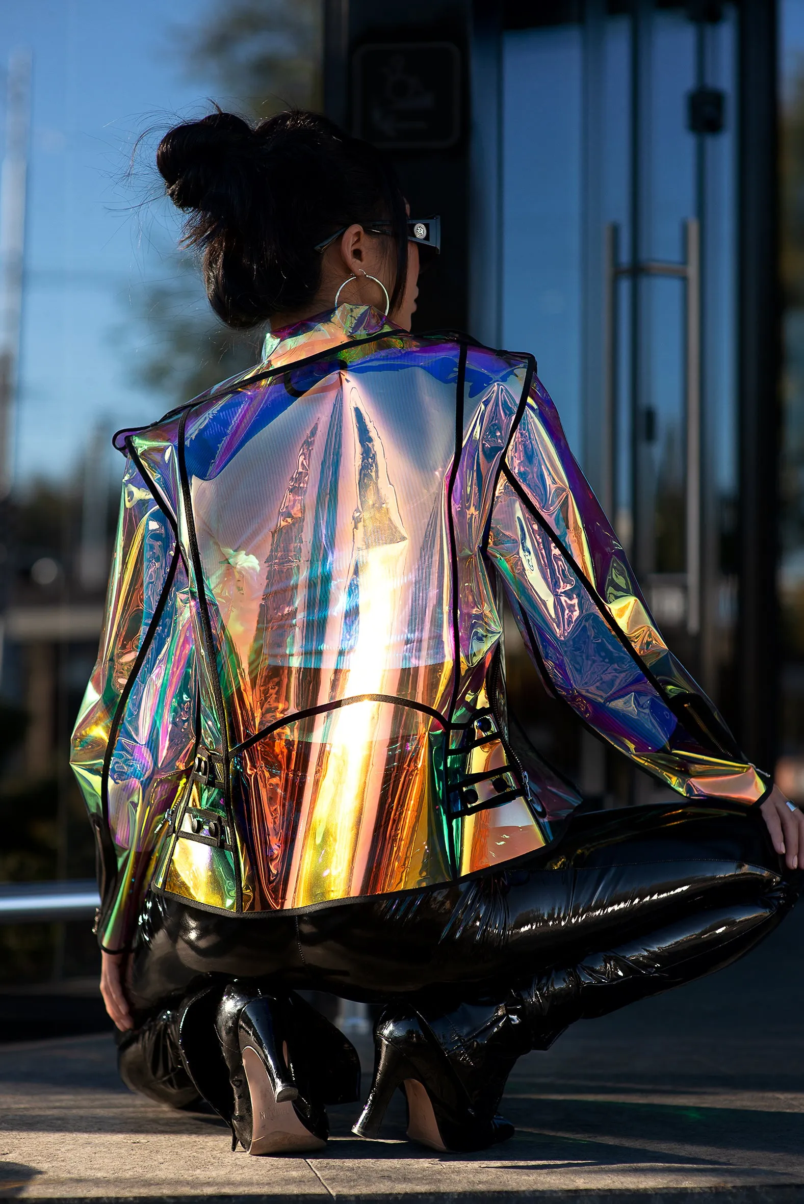 Iridescent TPU Biker Jacket. Plastic high fashion clothing.