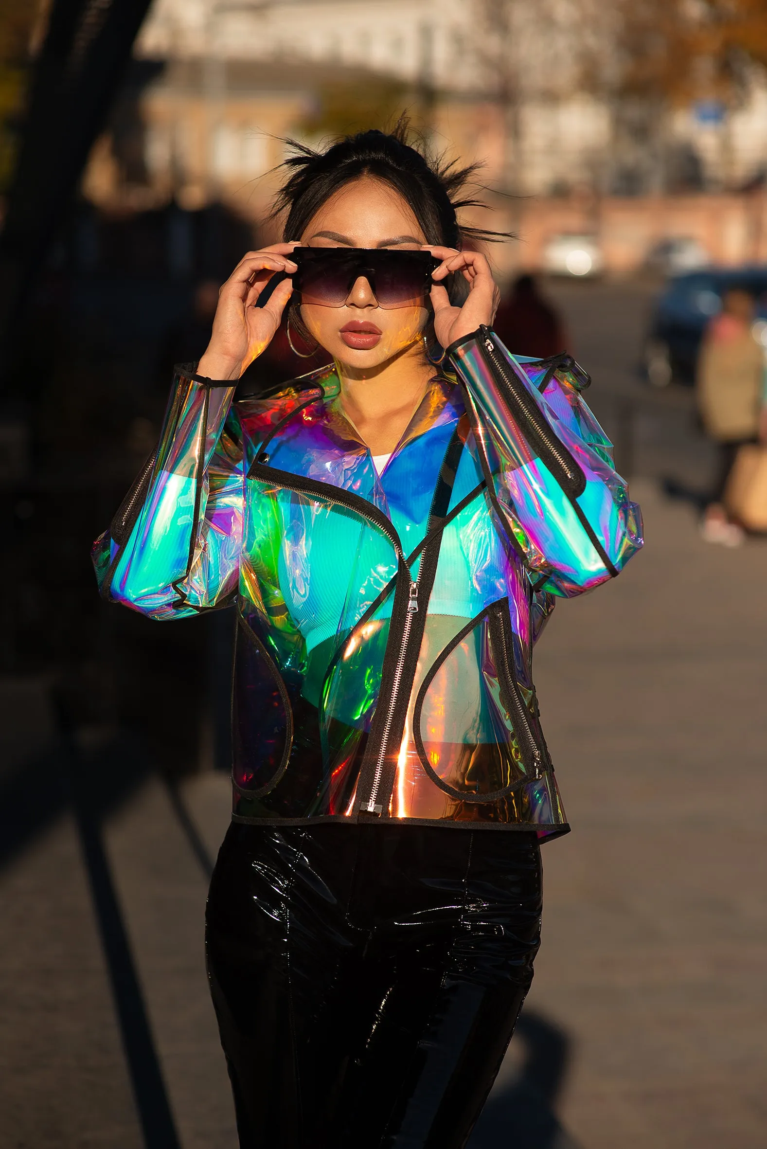 Iridescent TPU Biker Jacket. Plastic high fashion clothing.