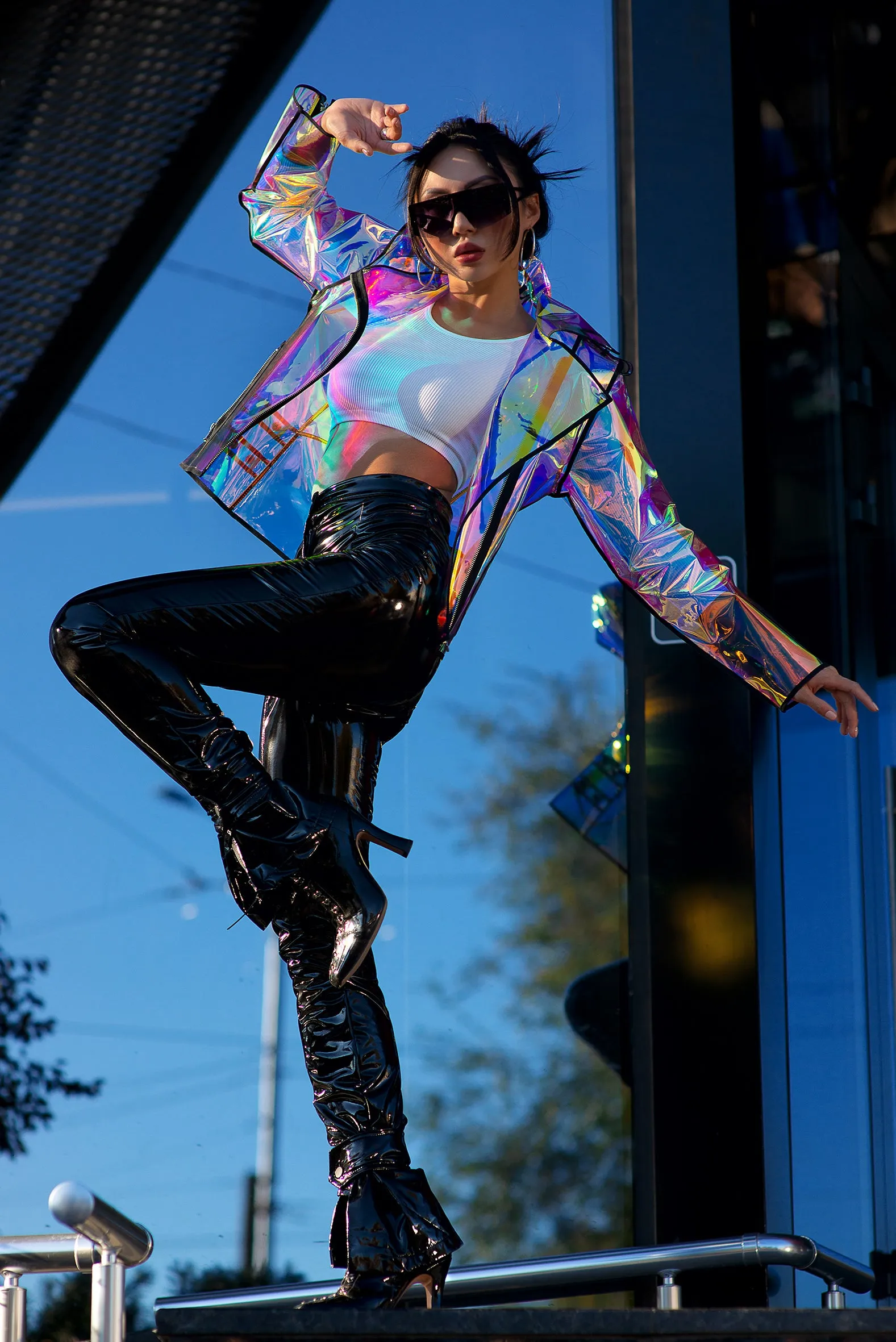 Iridescent TPU Biker Jacket. Plastic high fashion clothing.