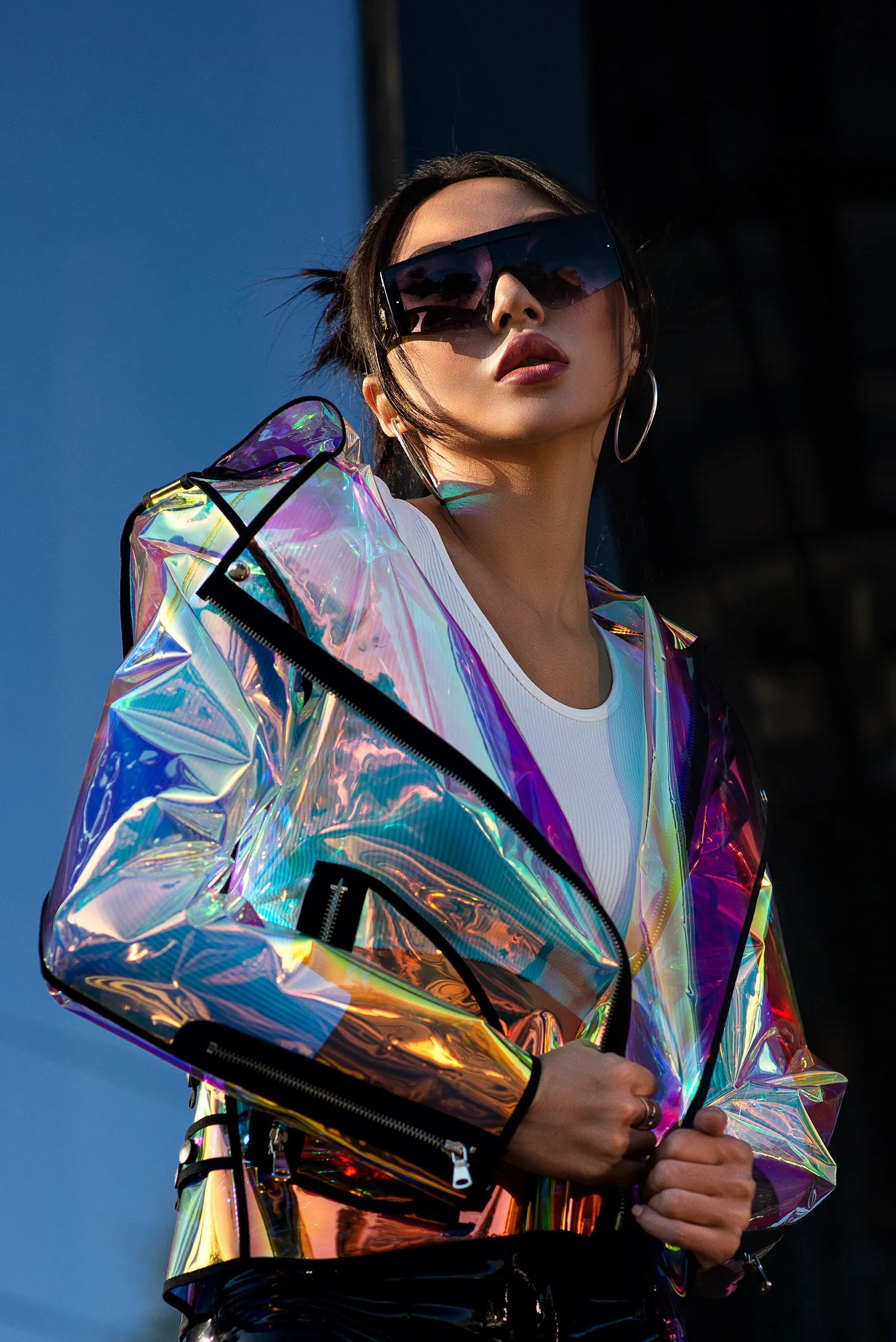 Iridescent TPU Biker Jacket. Plastic high fashion clothing.