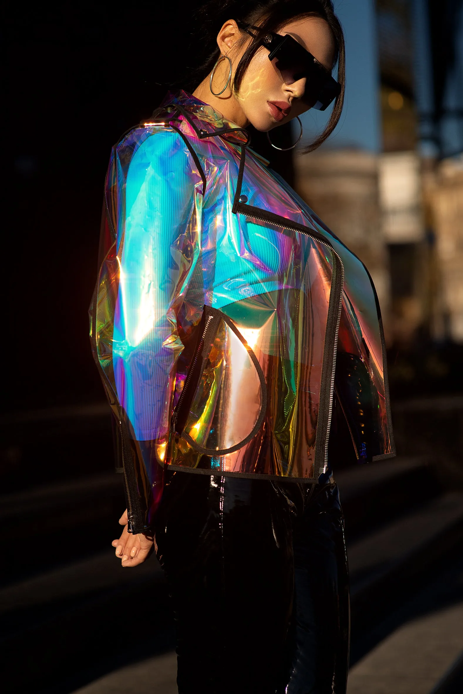 Iridescent TPU Biker Jacket. Plastic high fashion clothing.