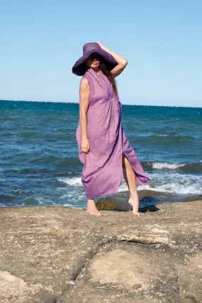 IVETA Linen Smokey Purple V Neck Dress