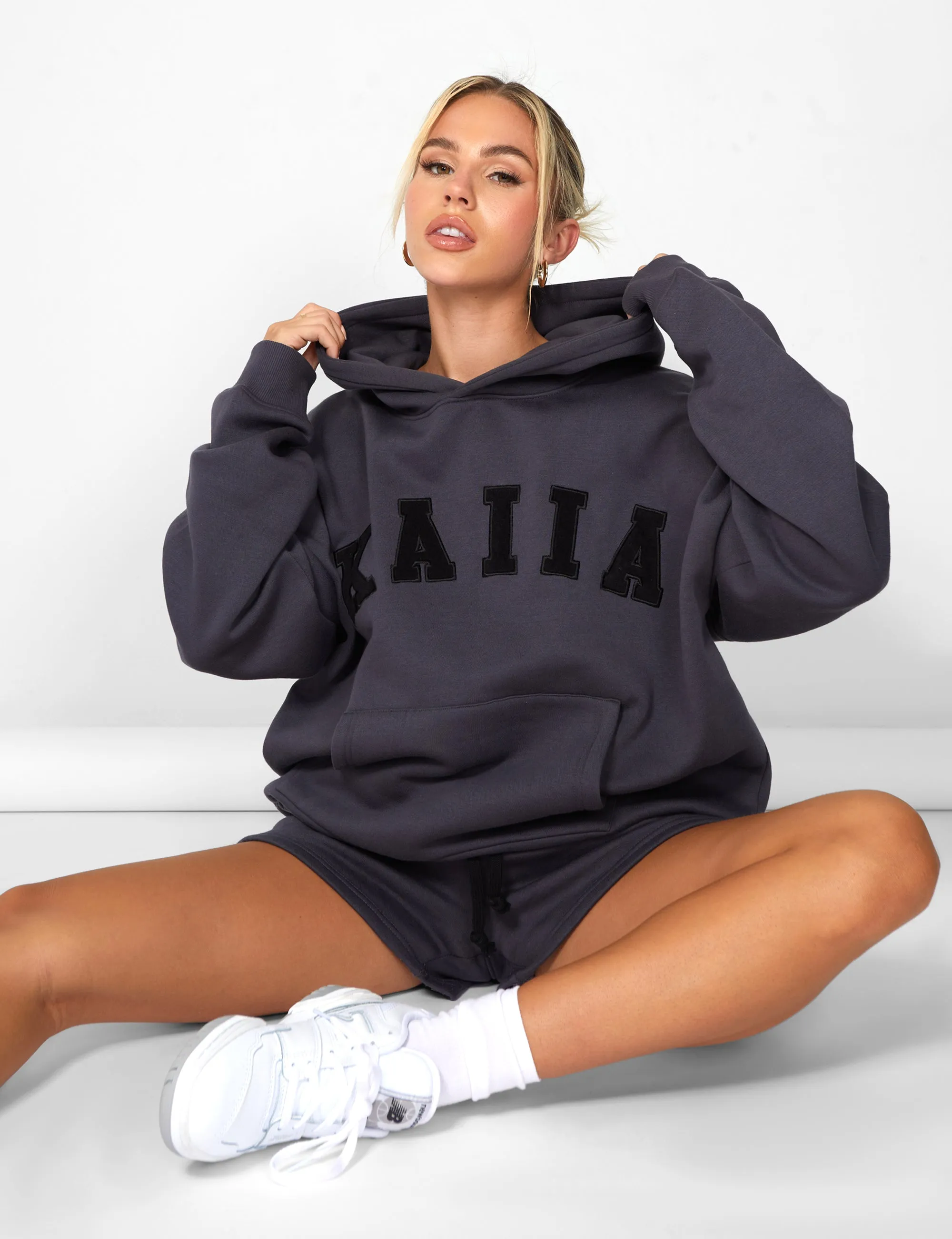 Kaiia Slogan Oversized Hoodie Dark Grey