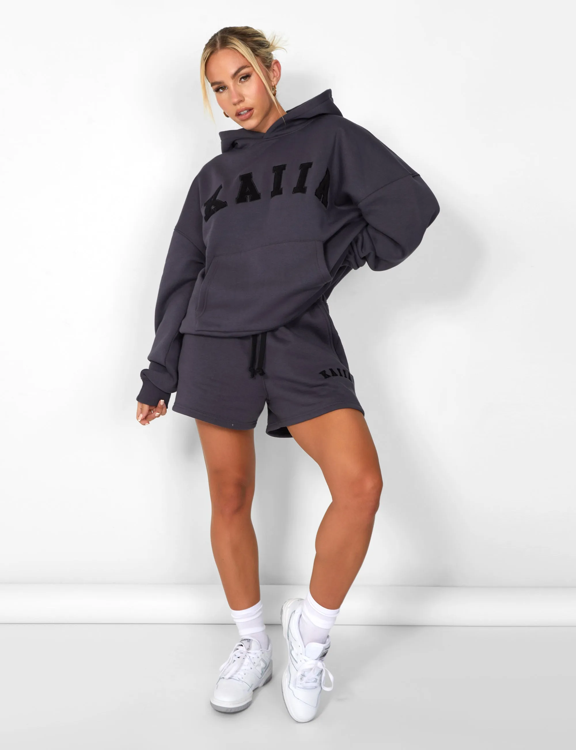 Kaiia Slogan Oversized Hoodie Dark Grey