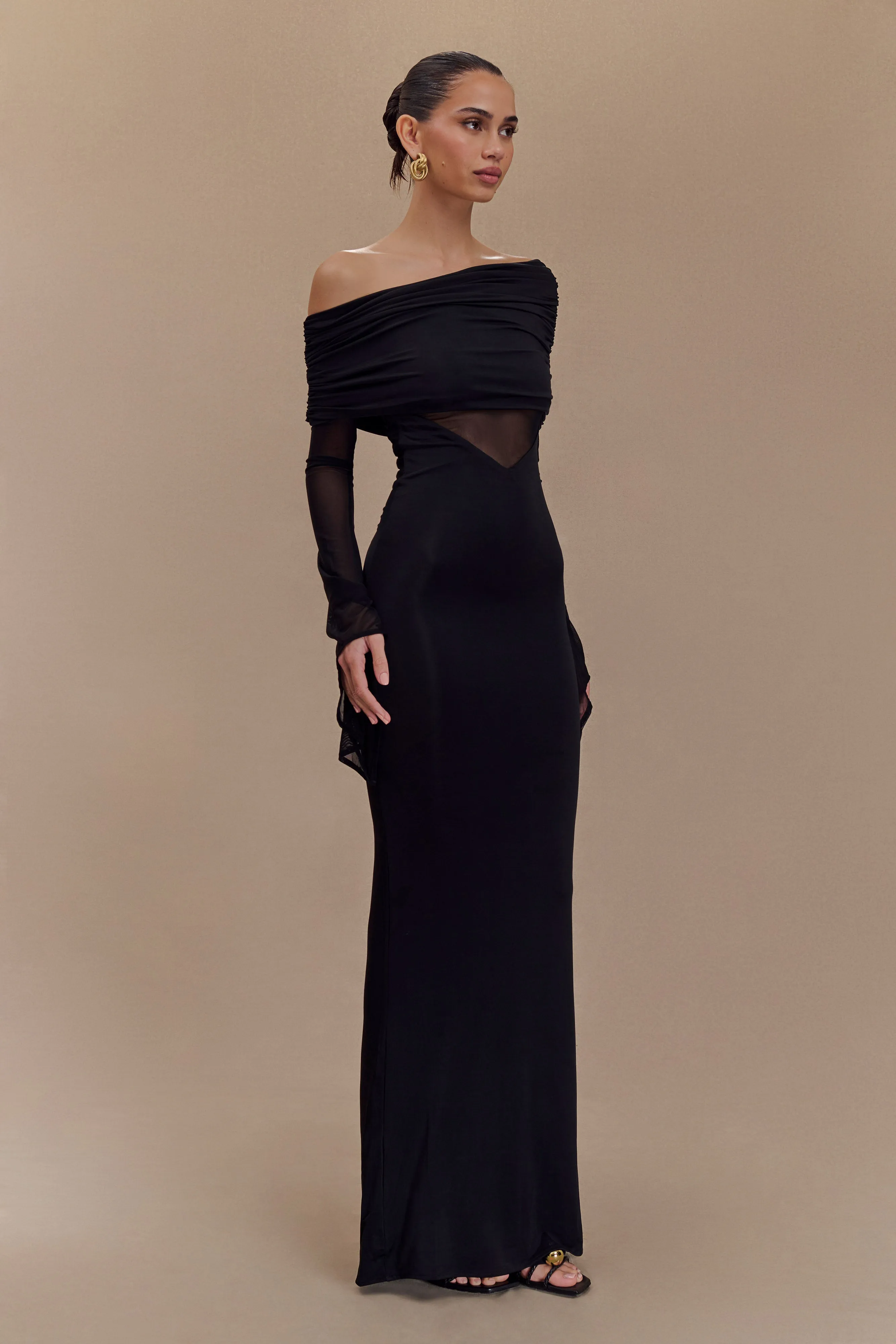 Kaitlin One Shoulder Slinky And Mesh Maxi Dress - Black