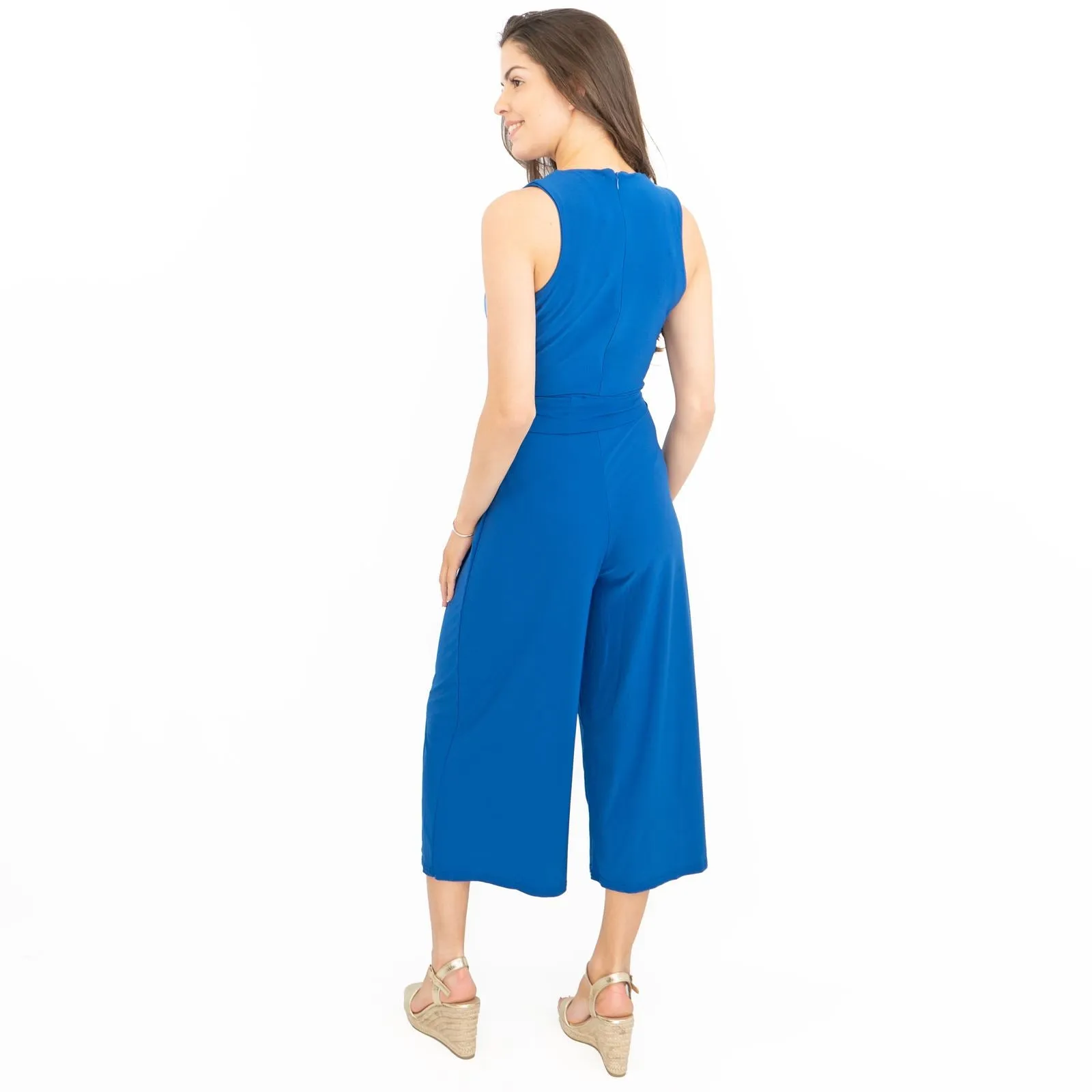 Karen Millen Blue Belted Jersey Crop Wide Leg Sleeveless Jumpsuits