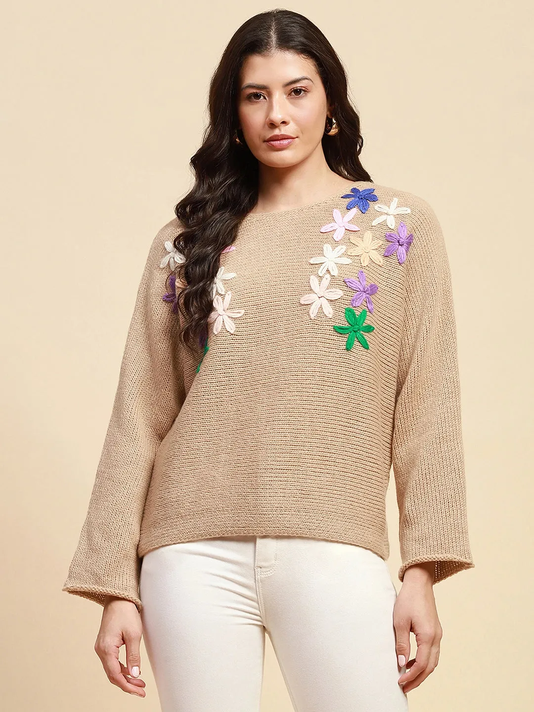 Khaki Poly Blend Loose Fit Embroidered Pullover