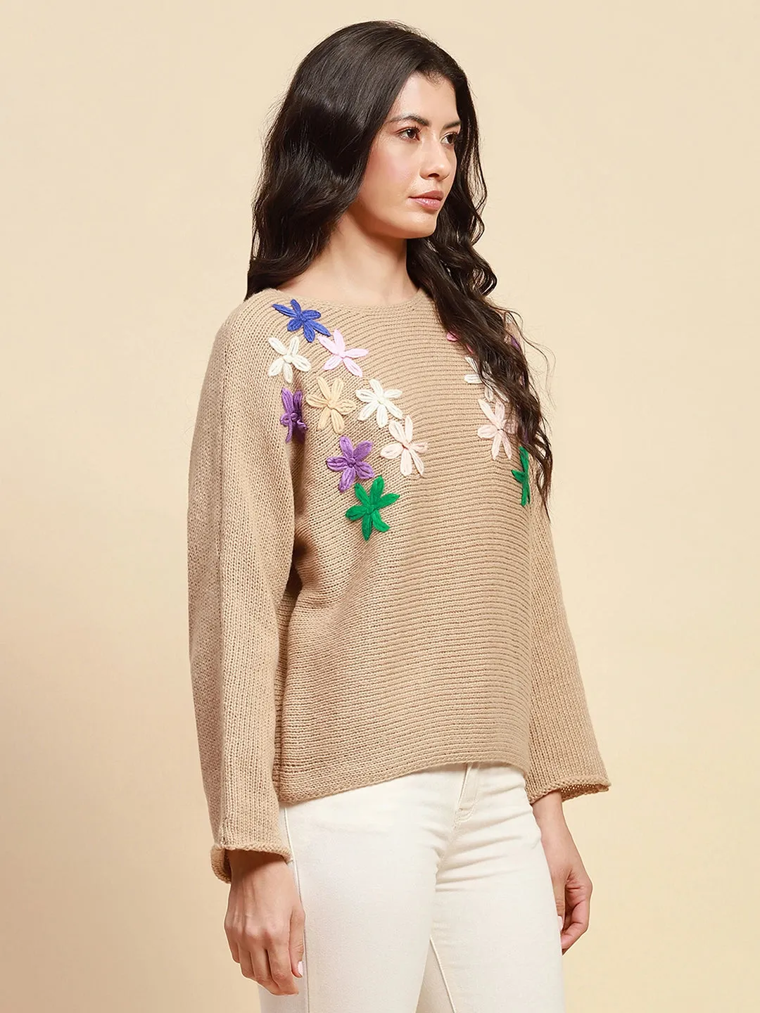 Khaki Poly Blend Loose Fit Embroidered Pullover