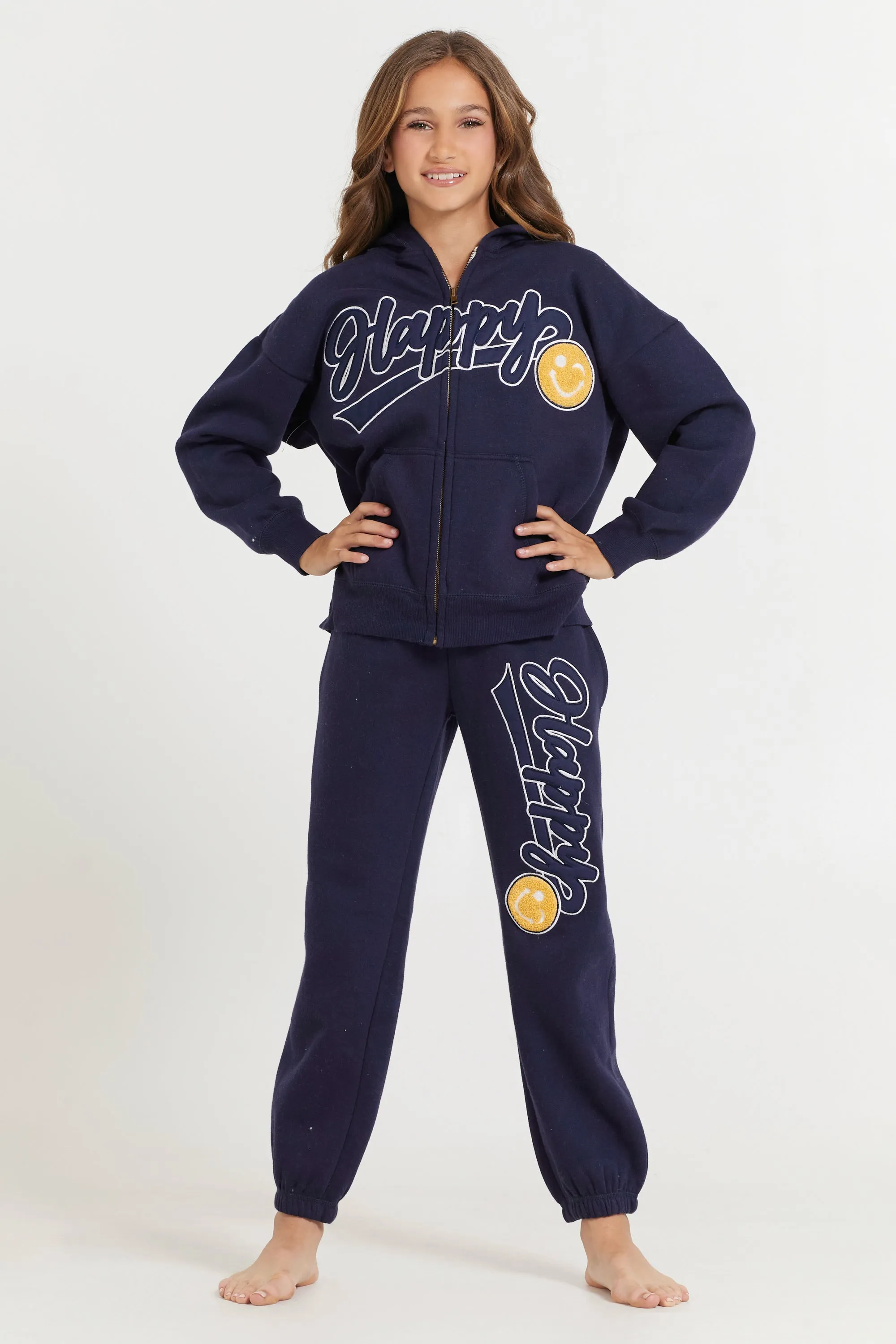 Kids Navy Full Zip Hoodie With Happy Smile Patched Embroidery