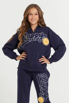 Kids Navy Full Zip Hoodie With Happy Smile Patched Embroidery