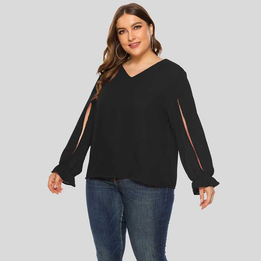 KittenAlarm - Plus Size Women Solid V-neck Puffy Sleeve Loose Long Sleeve Chiffon Blouse Shirt