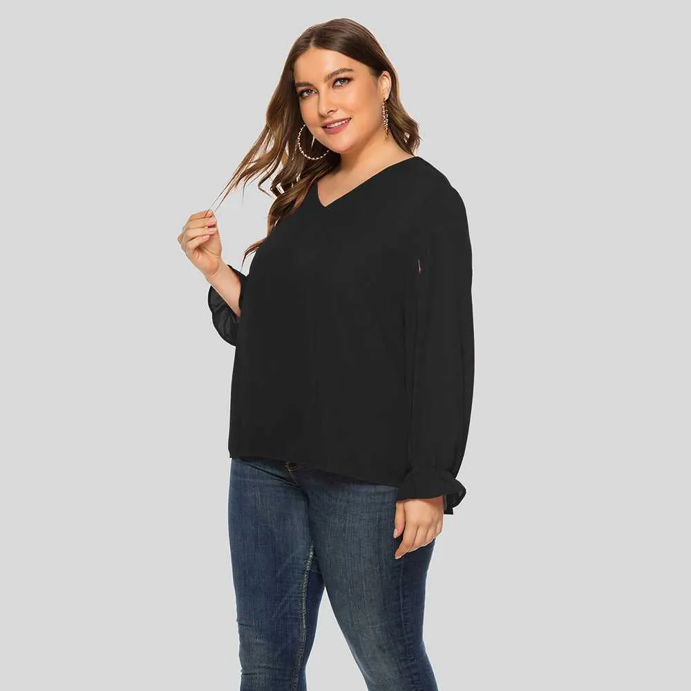 KittenAlarm - Plus Size Women Solid V-neck Puffy Sleeve Loose Long Sleeve Chiffon Blouse Shirt