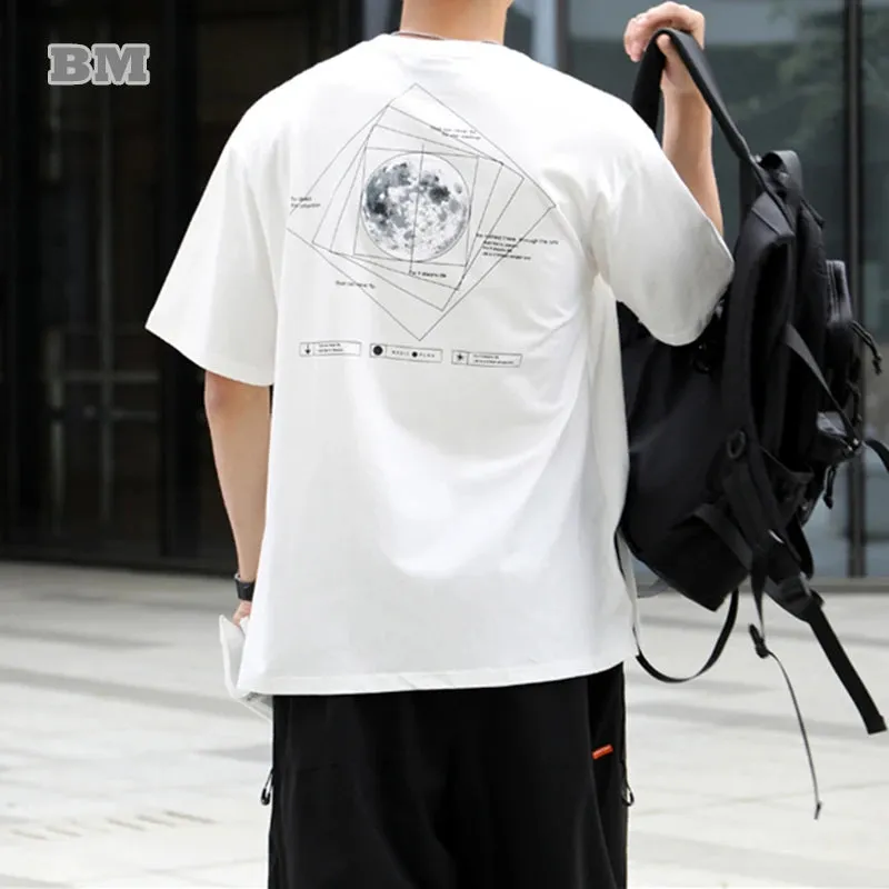 Korean T-shirt Men Clothing Print Short Sleeve Casual Y2k Tops Moon Print Graphic Tee