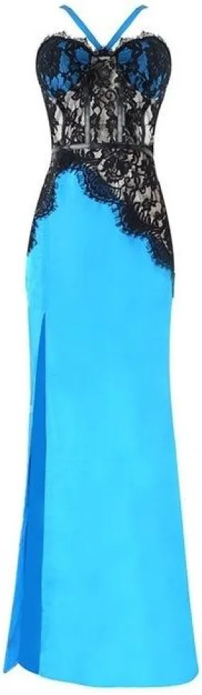 Lace-Trim Satin Evening Maxi Dress