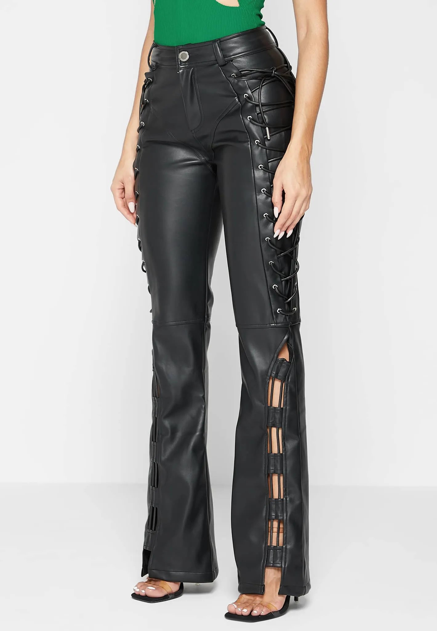 Leather Lace Up Trousers - Black