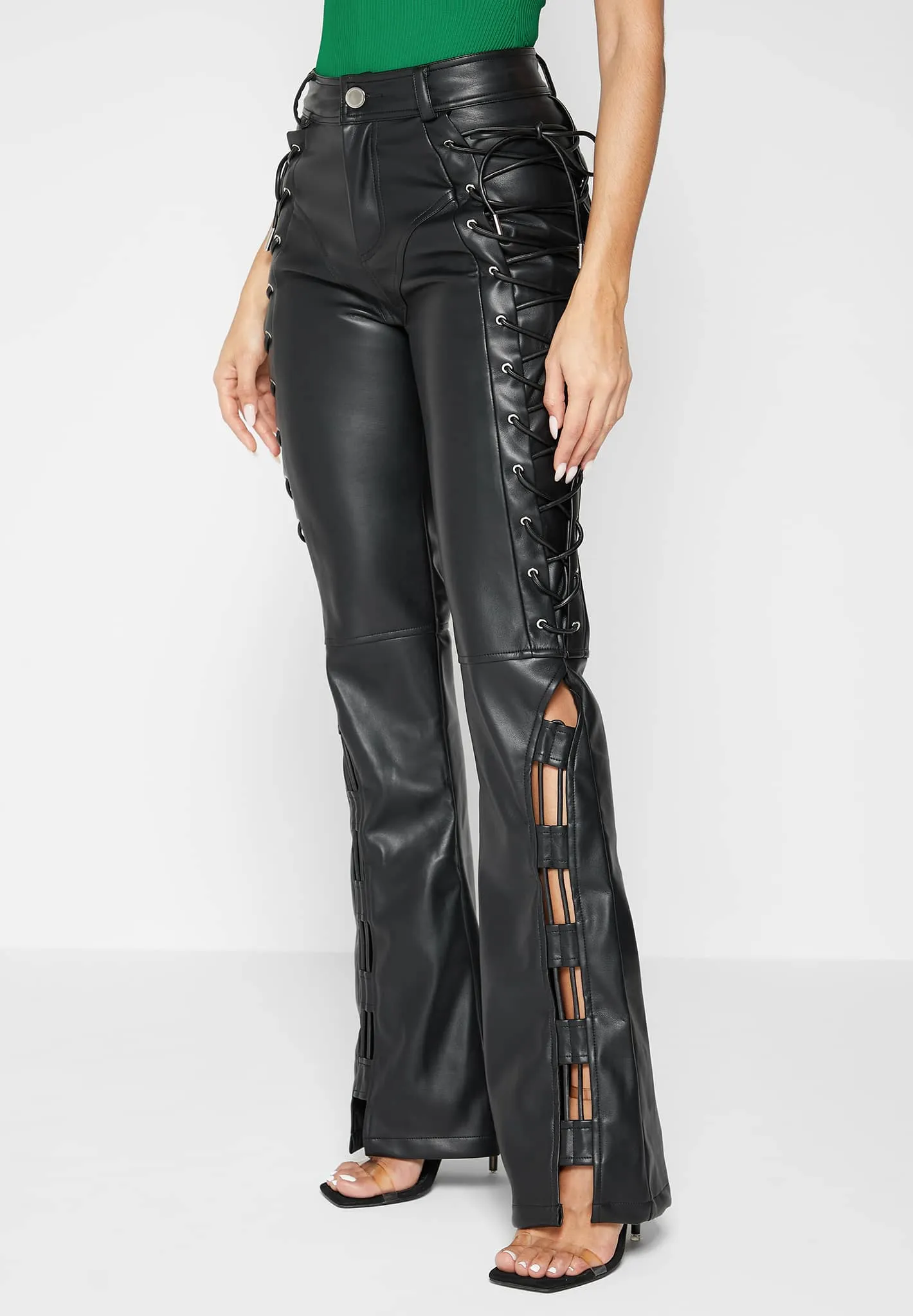 Leather Lace Up Trousers - Black