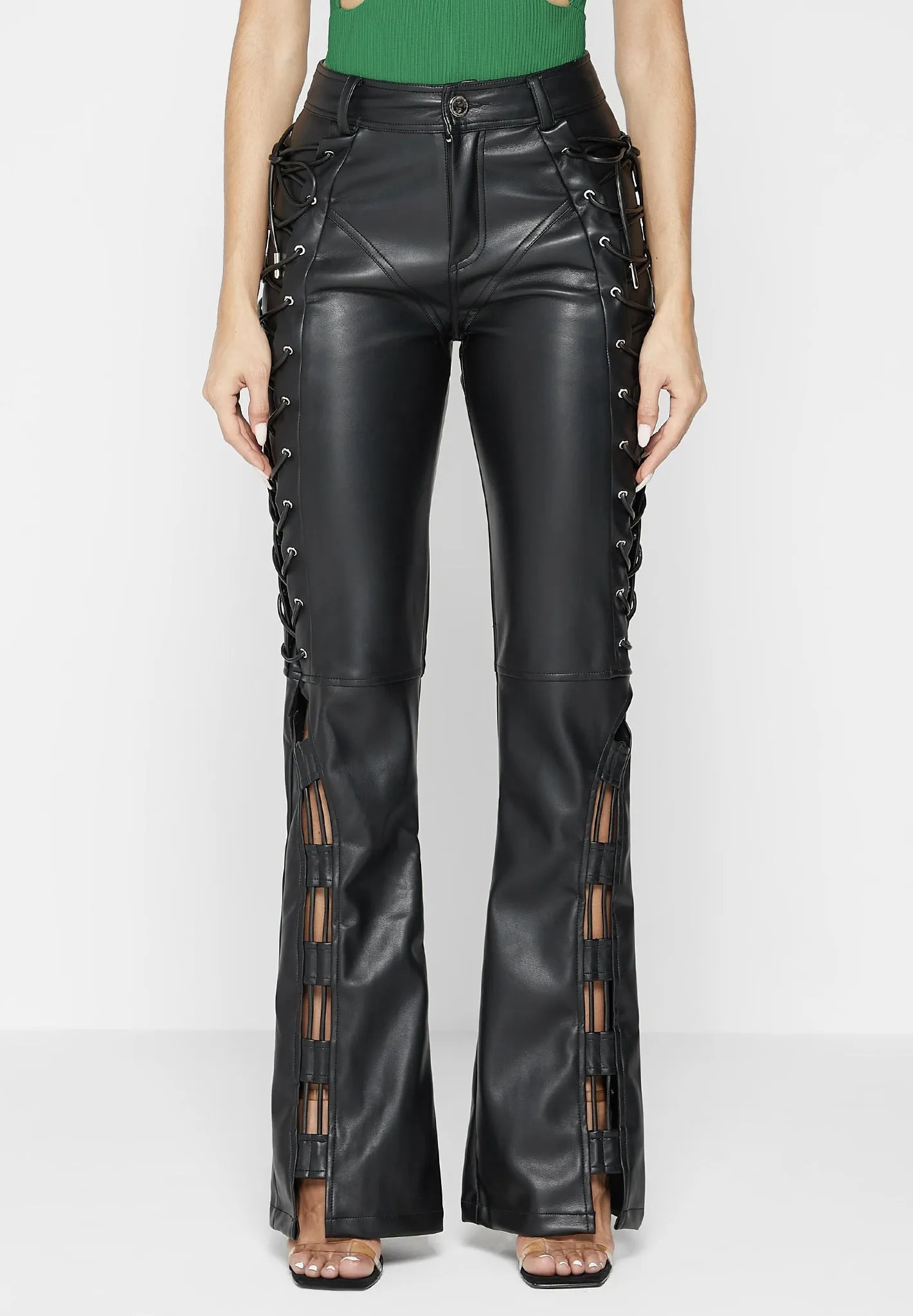 Leather Lace Up Trousers - Black