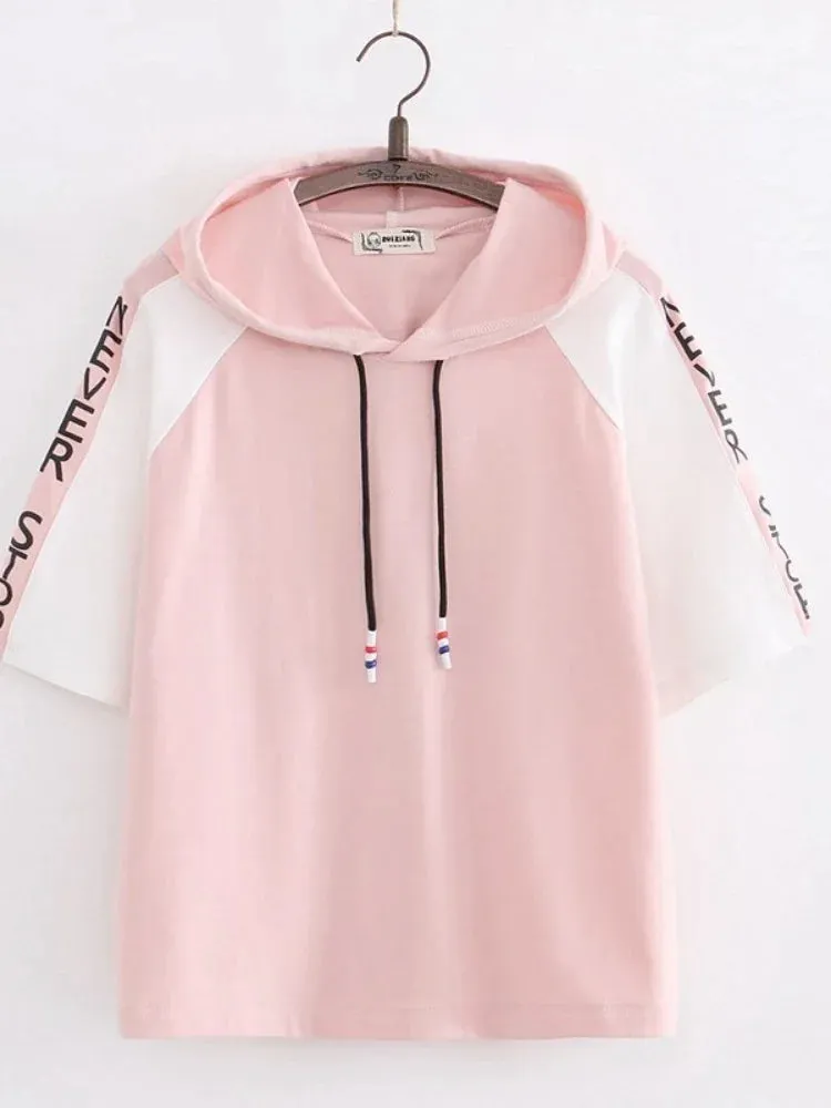 Letter Print Drawstring Hooded Casual Women T-Shirt Summer Short Sleeve O-neck T Shirts Sweet Ladies Korean Daily Thin Top