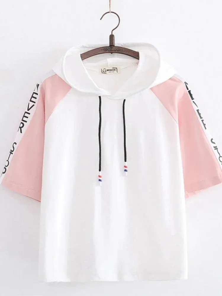 Letter Print Drawstring Hooded Casual Women T-Shirt Summer Short Sleeve O-neck T Shirts Sweet Ladies Korean Daily Thin Top